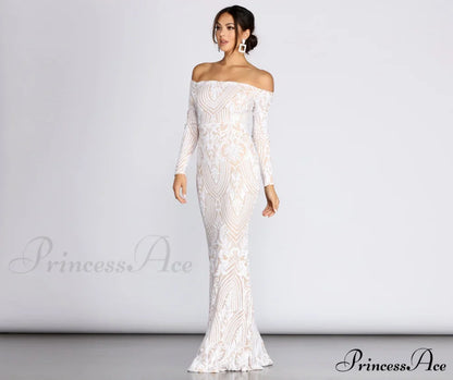 Sierra Sequin Off Charming The Shoulder Formal Dress