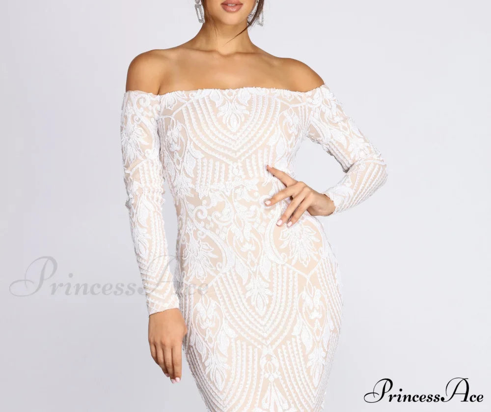 Sierra Sequin Off Charming The Shoulder Formal Dress