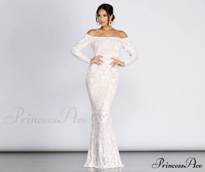 Sierra Sequin Off Charming The Shoulder Formal Dress