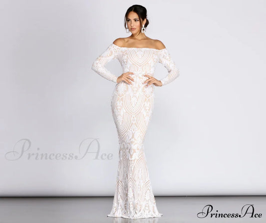 Sierra Sequin Off Charming The Shoulder Formal Dress