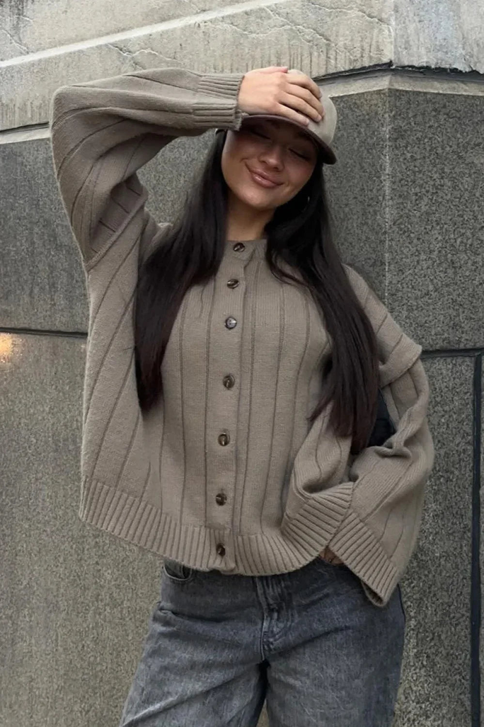 Simple Solid Rib Crewneck Oversized Cardigan Sweater