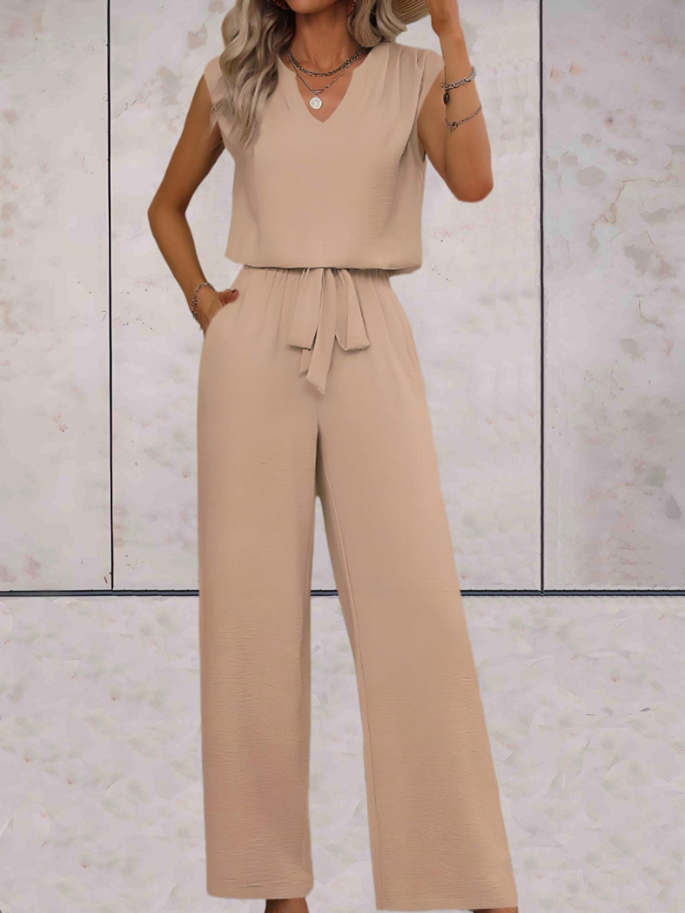 Erin® | Elegant V-Neck Sleeveless Blouse And Pants Set