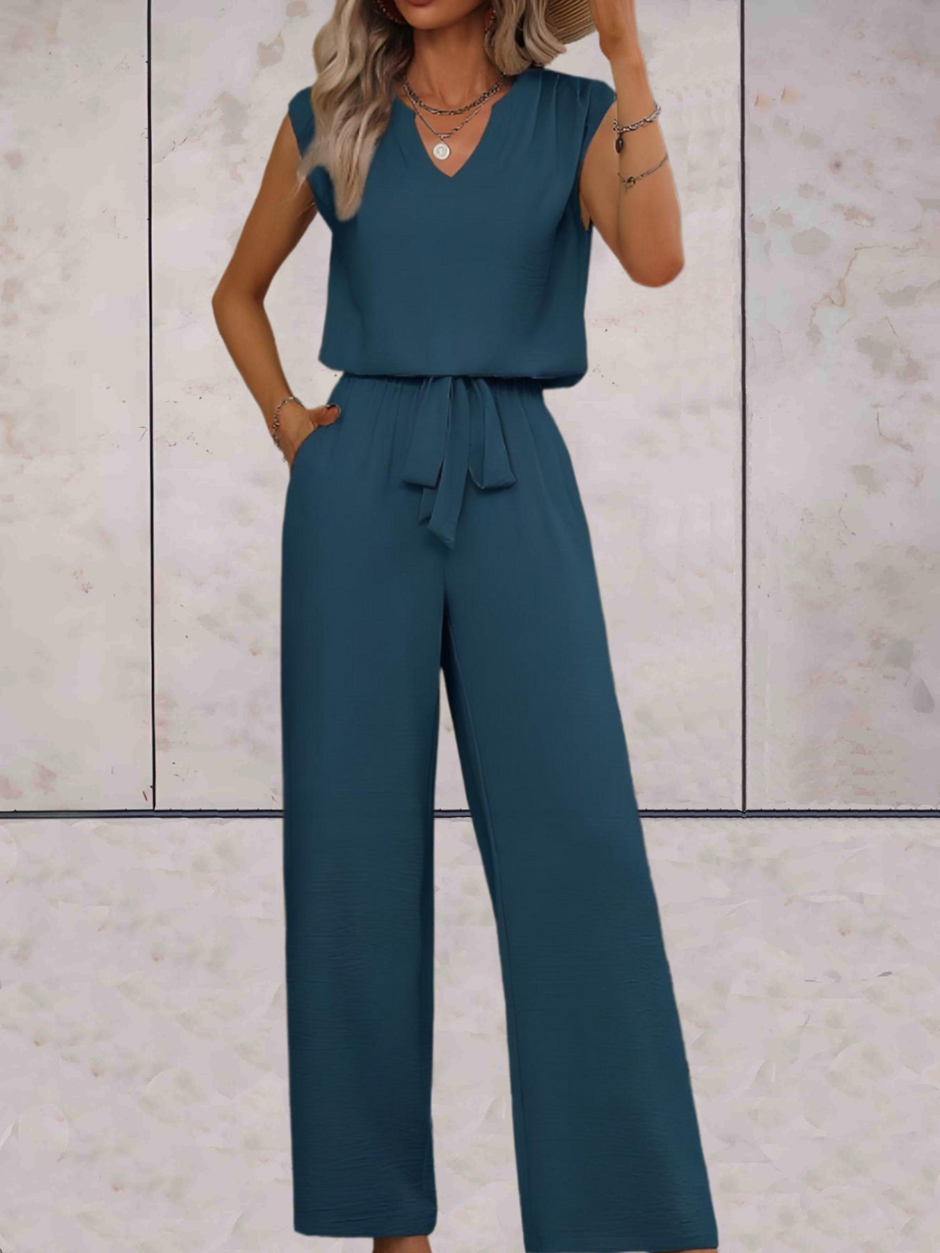 Erin® | Elegant V-Neck Sleeveless Blouse And Pants Set