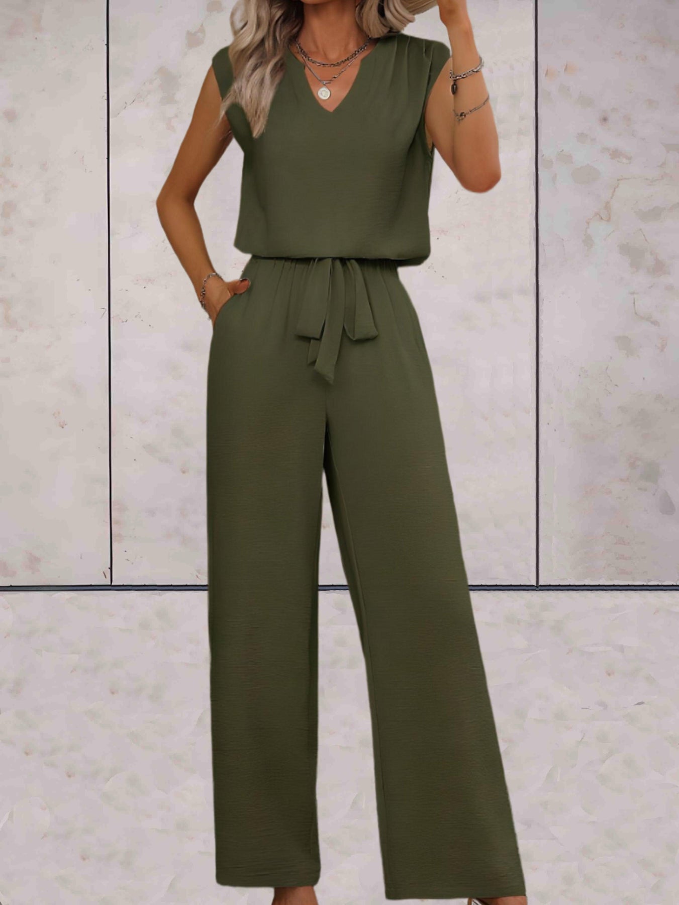 Erin® | Elegant V-Neck Sleeveless Blouse And Pants Set