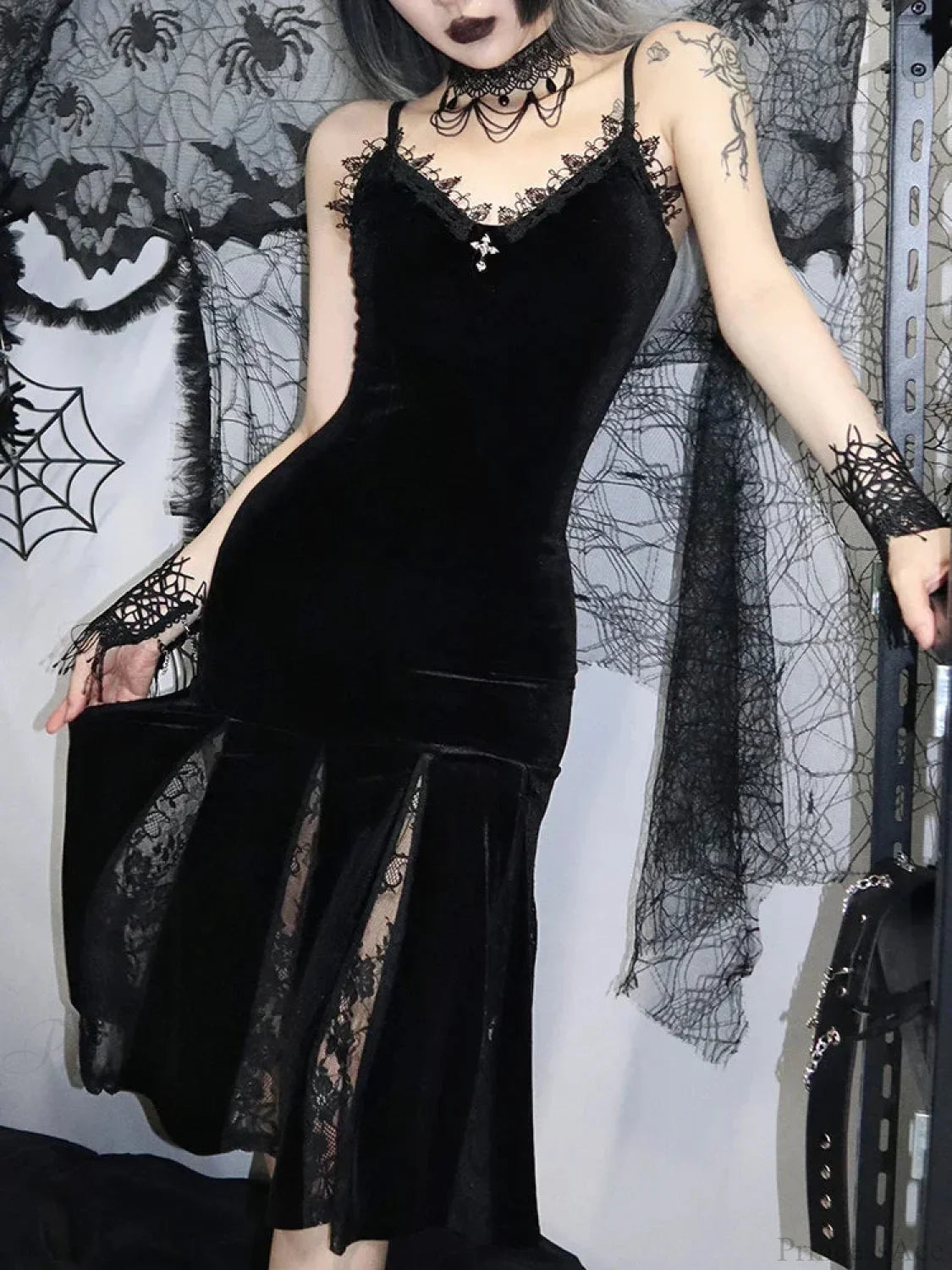 Sleeveless Velour Lace Patchwork Midi Dress