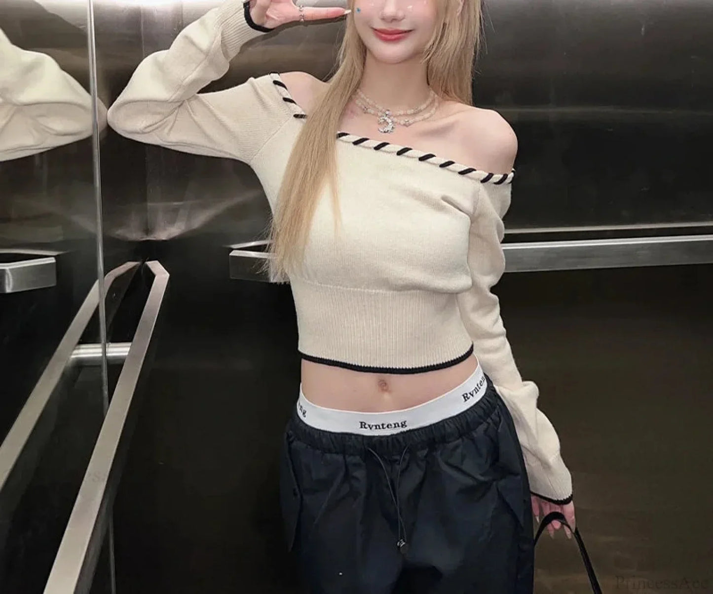 Slim Fit Korean Off-Shoulder Knitted Boat Neck Knit Top