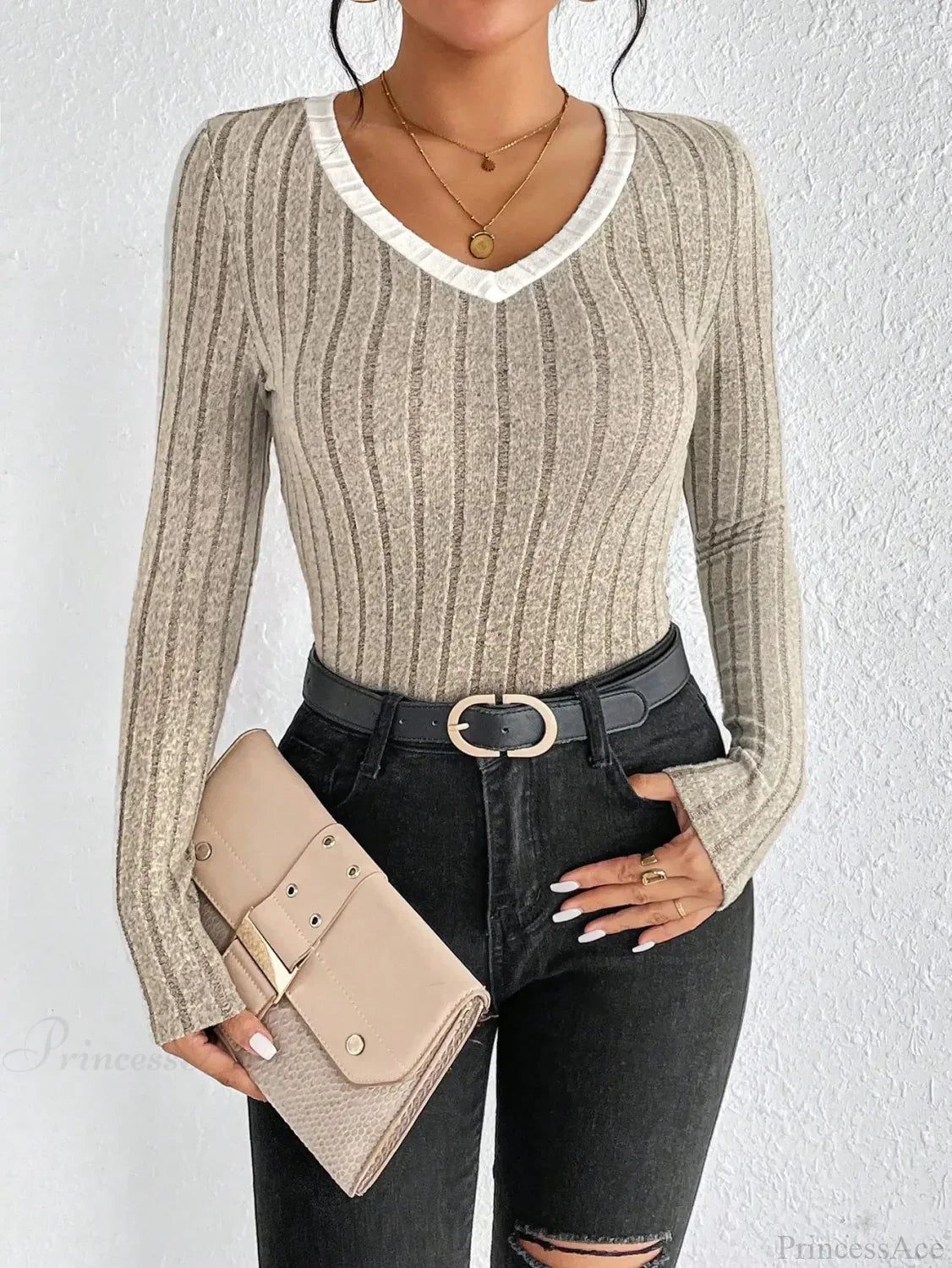 Slim Sexy V-Neck Neck Edge Clash Pullover Top Women