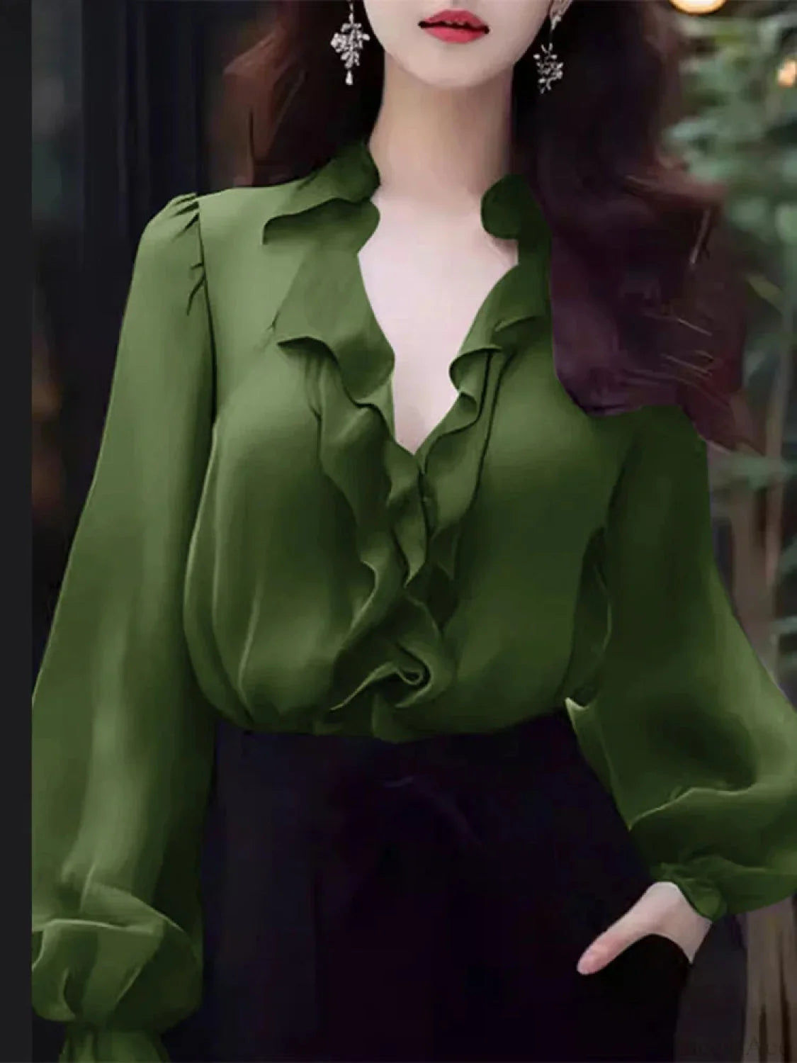 Solid Color Ruffled V-neck Lantern Sleeve Blouse