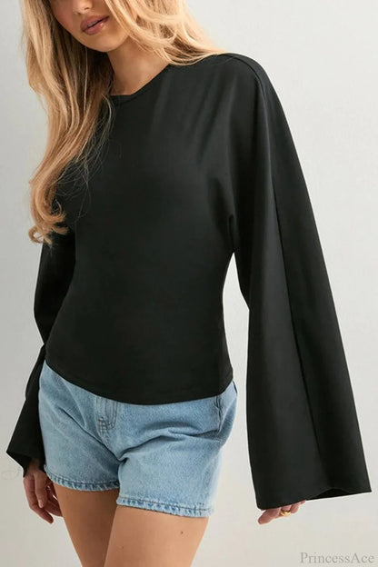 Solid Crew Neck Wide Sleeve Waist Cinched Long Sleeve Tee