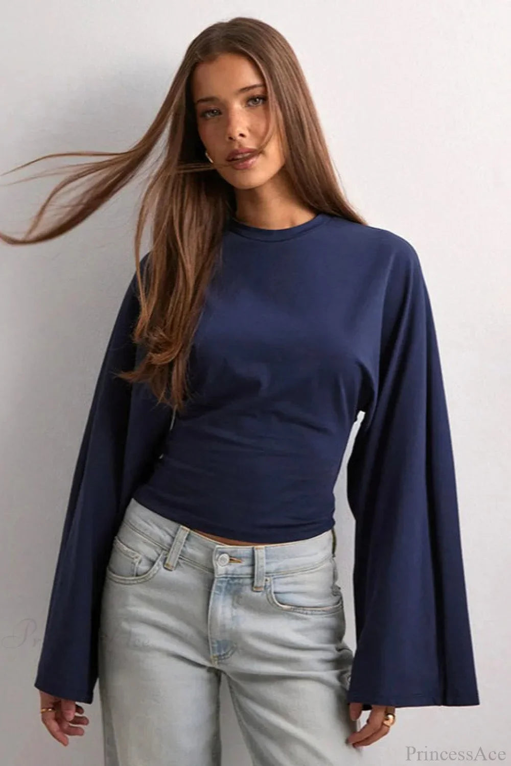 Solid Crew Neck Wide Sleeve Waist Cinched Long Sleeve Tee