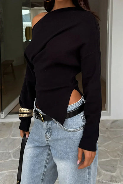 Solid Fleece Off-shoulder Slim Long Sleeve Tee