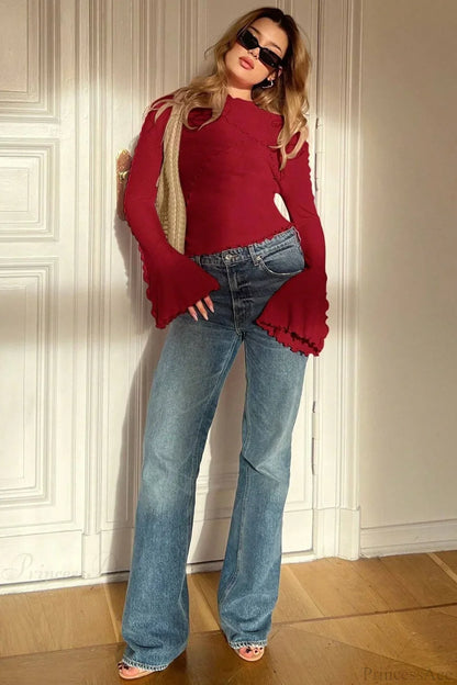 Solid Mock Neck Paneled Ruffled Long Sleeve Tee