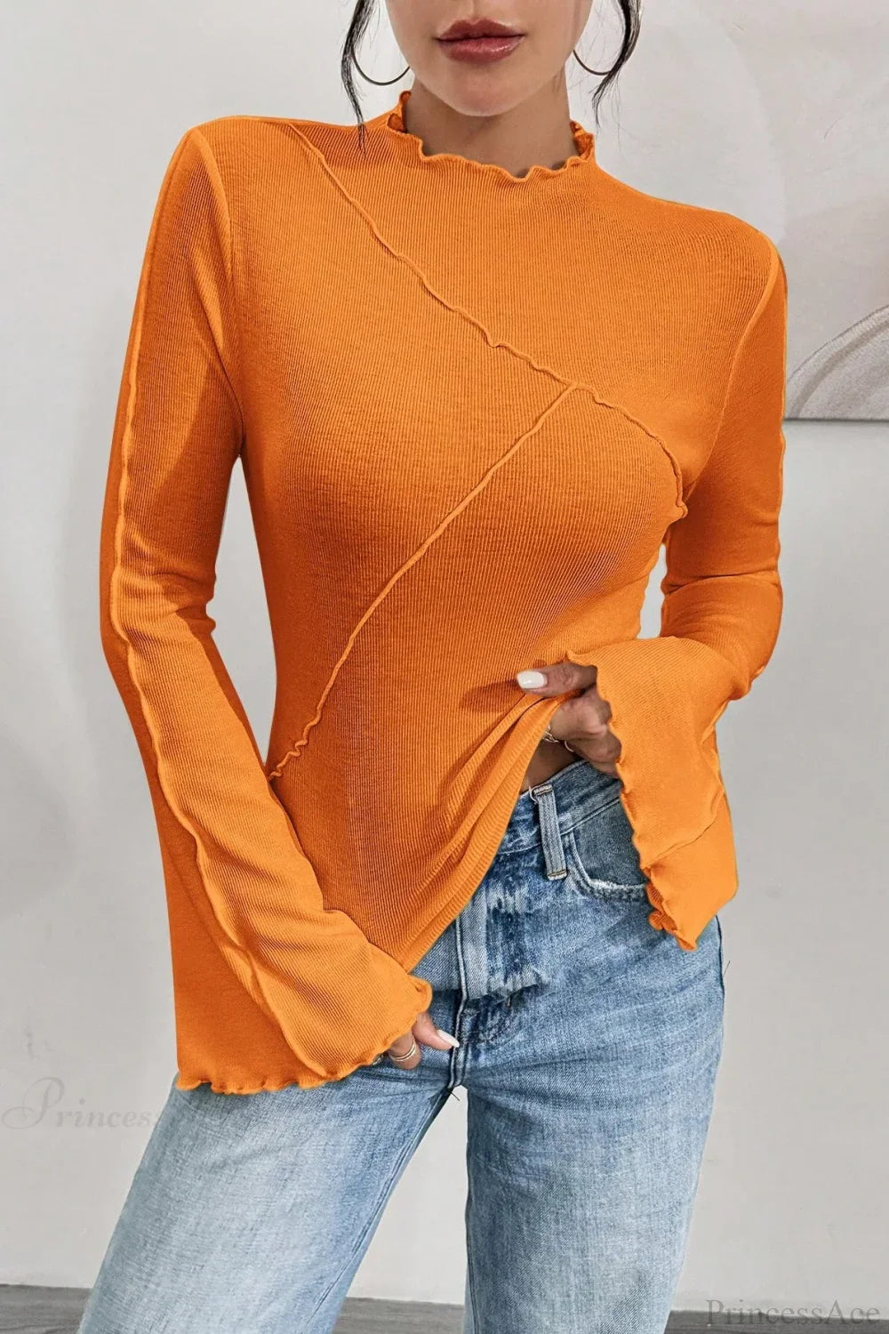 Solid Mock Neck Paneled Ruffled Long Sleeve Tee