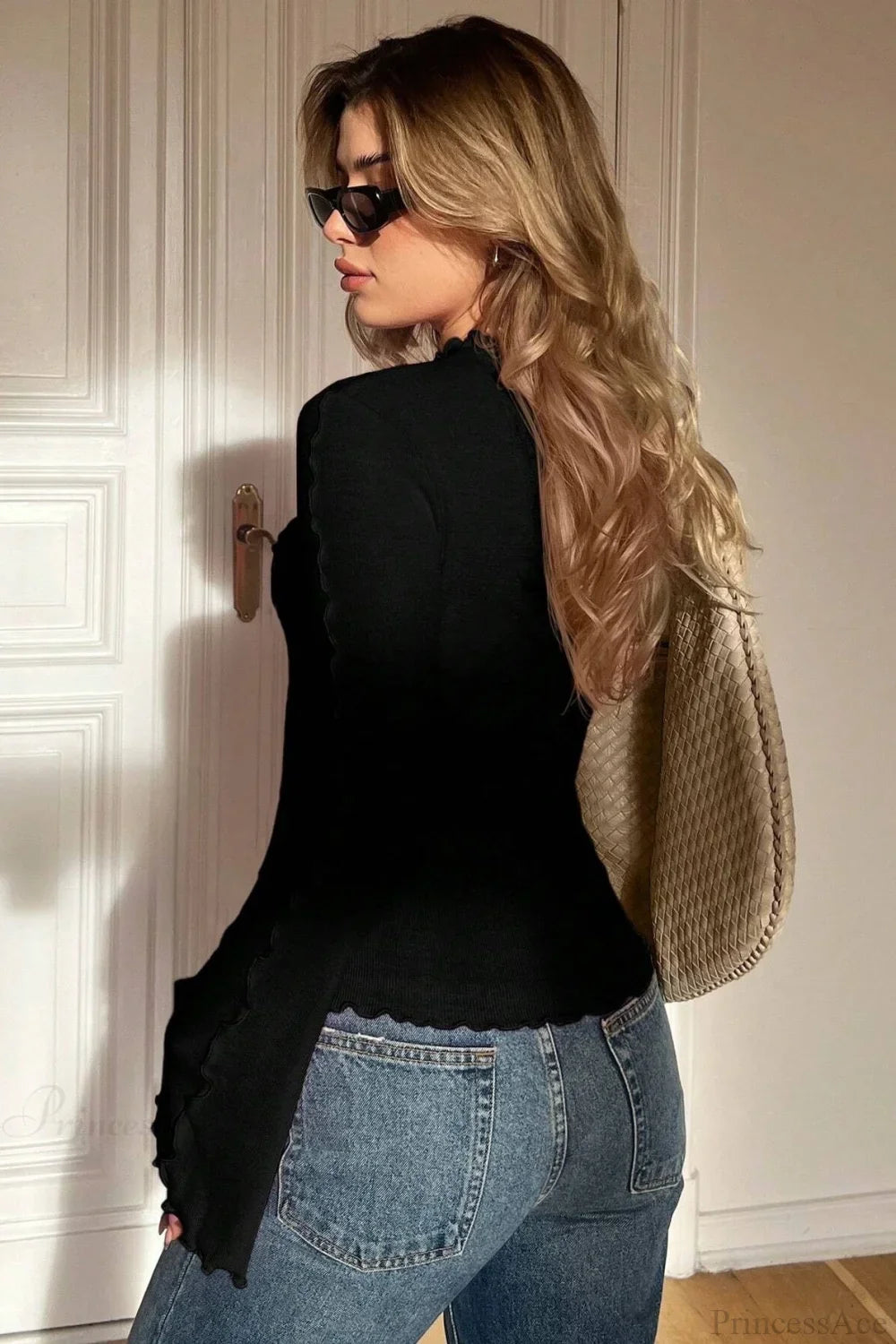 Solid Mock Neck Paneled Ruffled Long Sleeve Tee