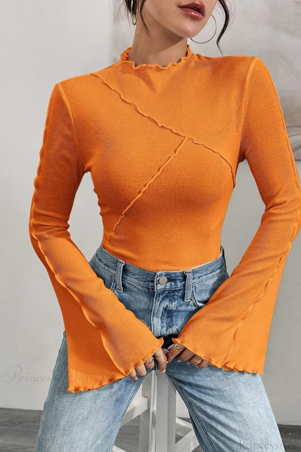Solid Mock Neck Paneled Ruffled Long Sleeve Tee