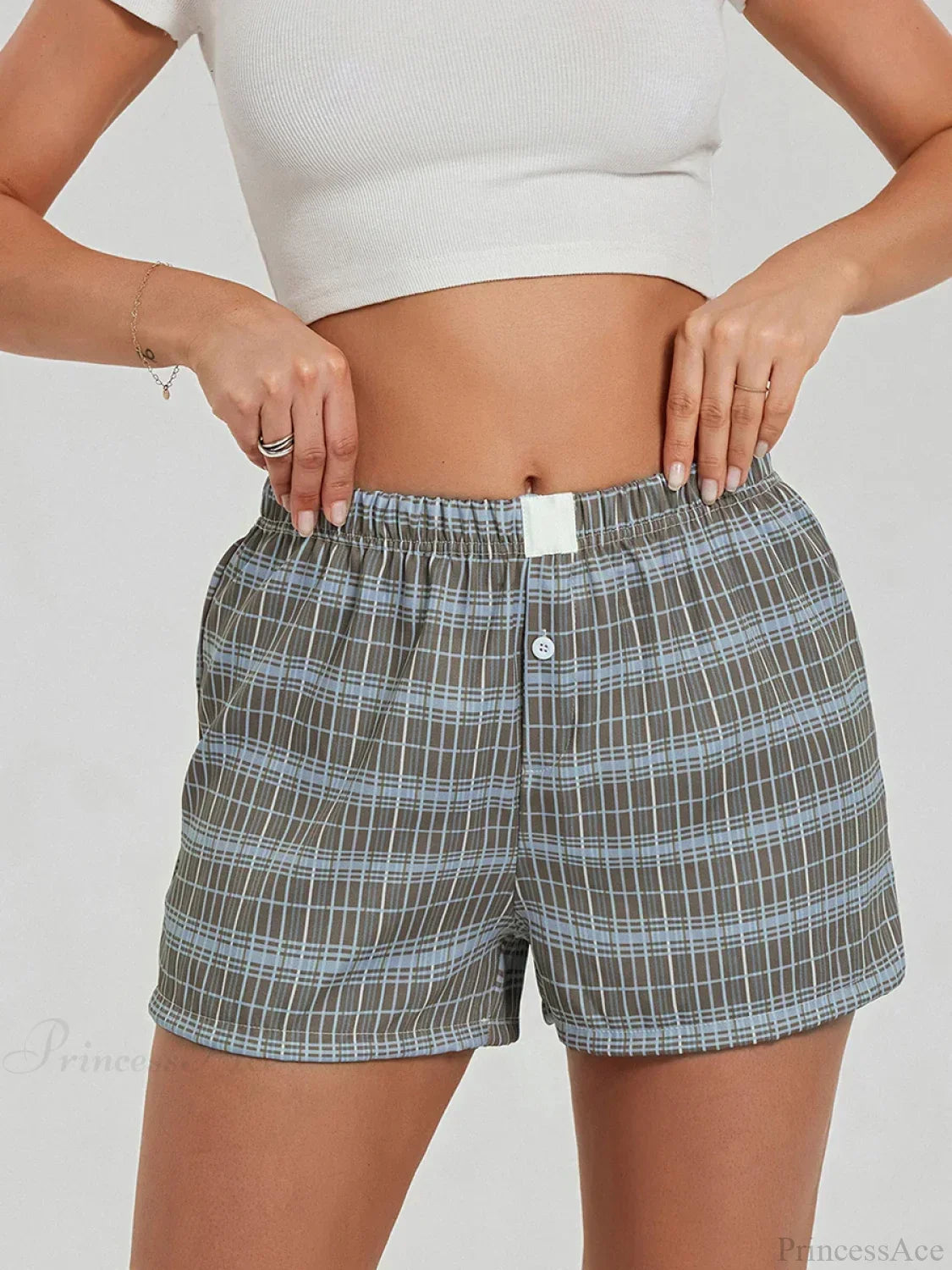 Solid Plaid Elastic Waist Short