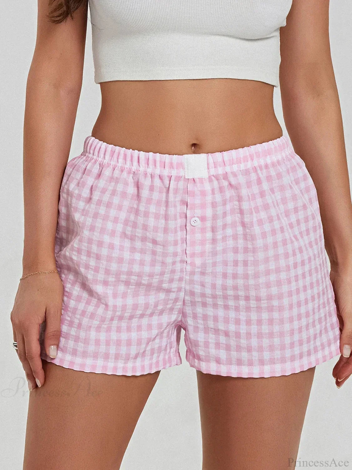 Solid Plaid Elastic Waist Short