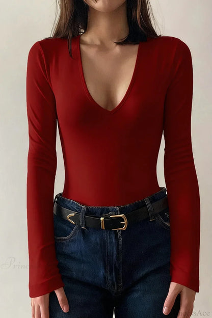 Solid Sexy V-Neck Slim Long Sleeve Tee