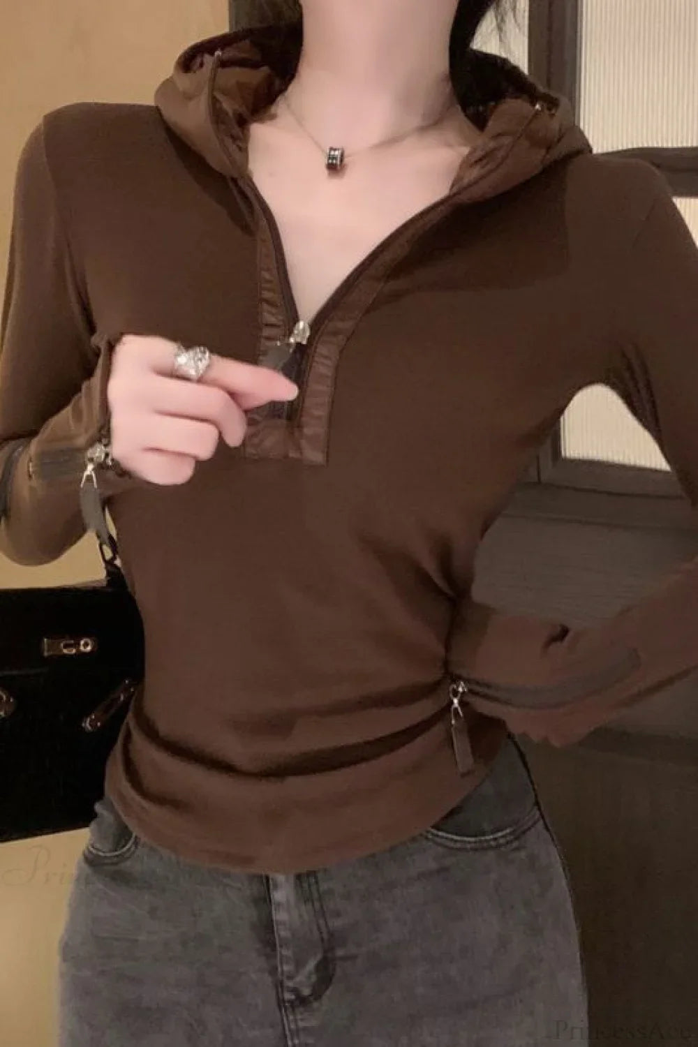 Solid Slim Half-Zip Hooded Long Sleeve Tee