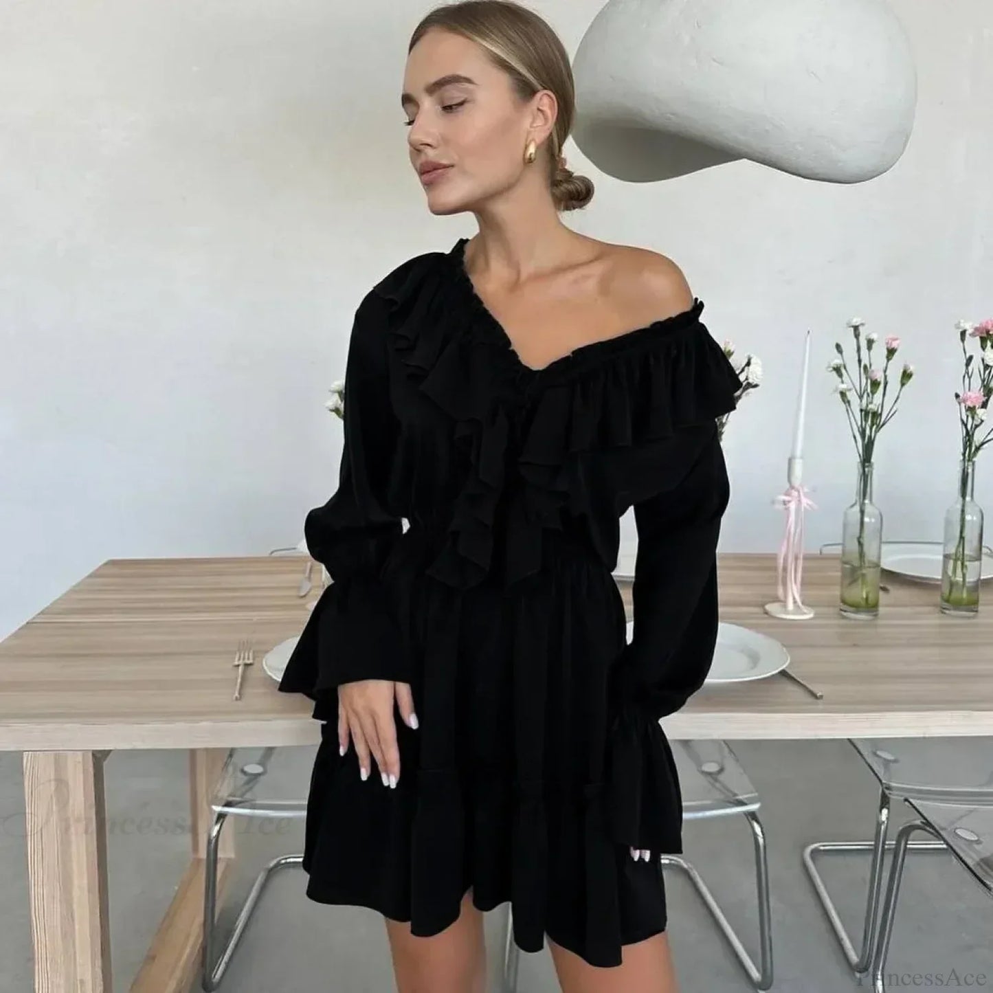 Solid White Cotton Rayon Long Sleeve Ruffle Dress