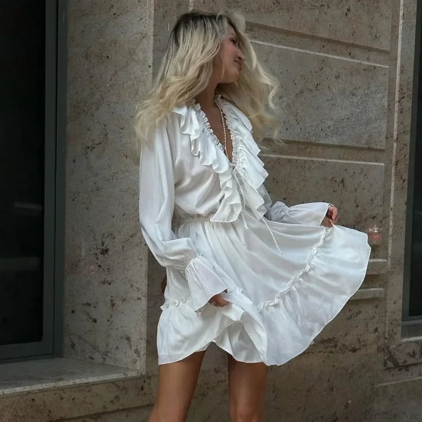 Solid White Cotton Rayon Long Sleeve Ruffle Dress