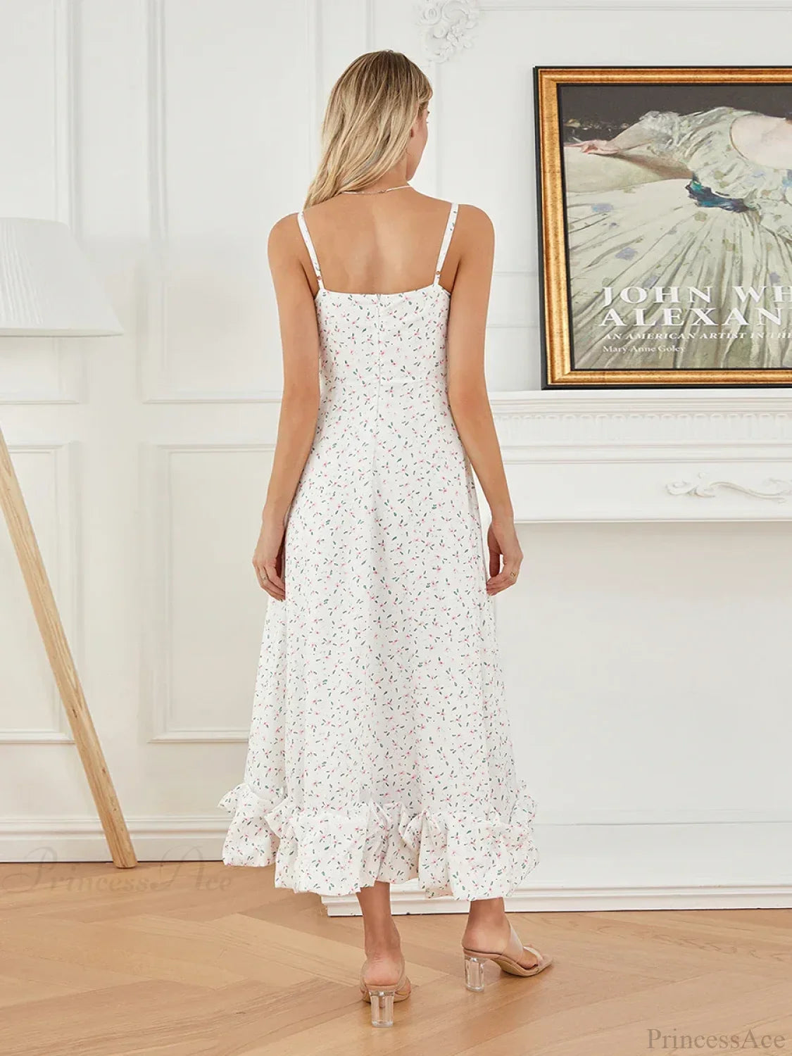 Spaghetti Strap Ruffled Long Sweet Sling Bubble Hem A-line Floral Dress