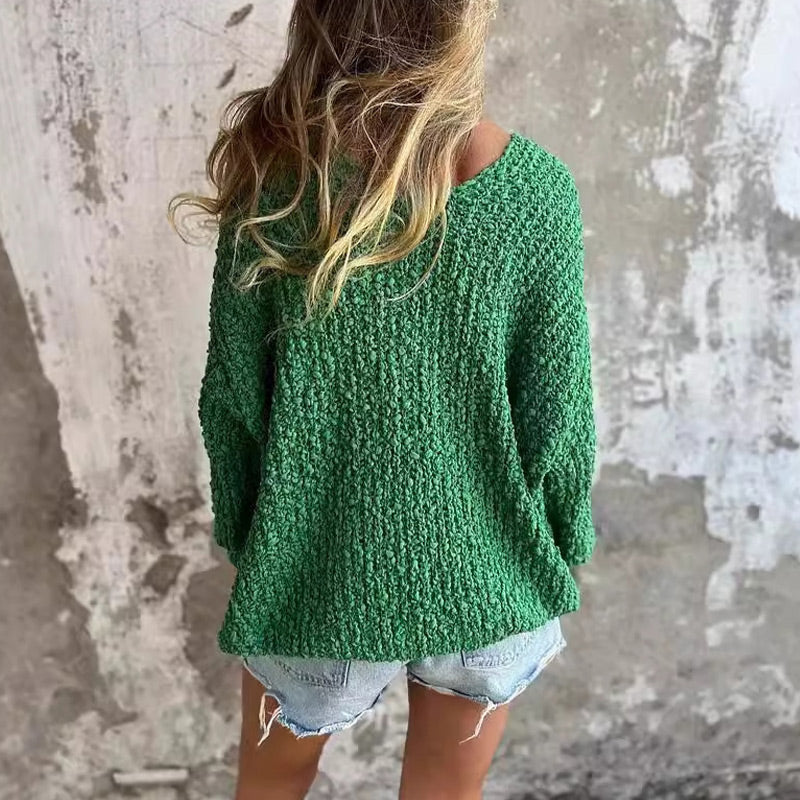 Carolin | Textured crochet sweater with long sleeves and a deep V-neck
