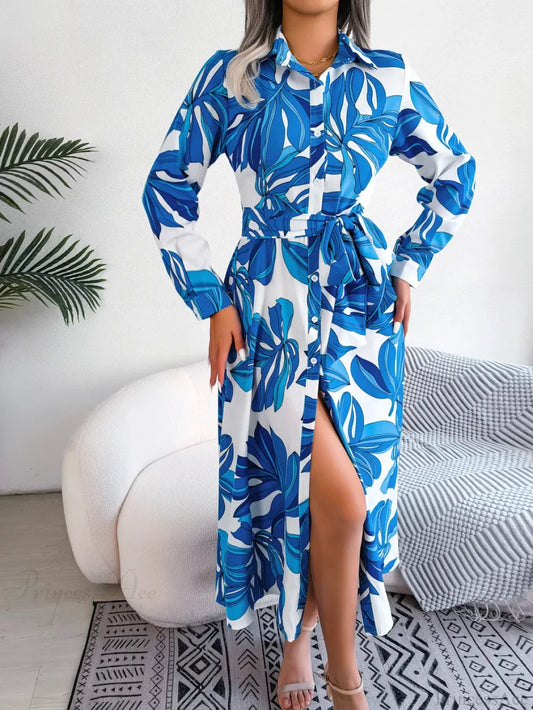 Spring Summer Contrast Floral Polo Collar Shirt Floral Dress