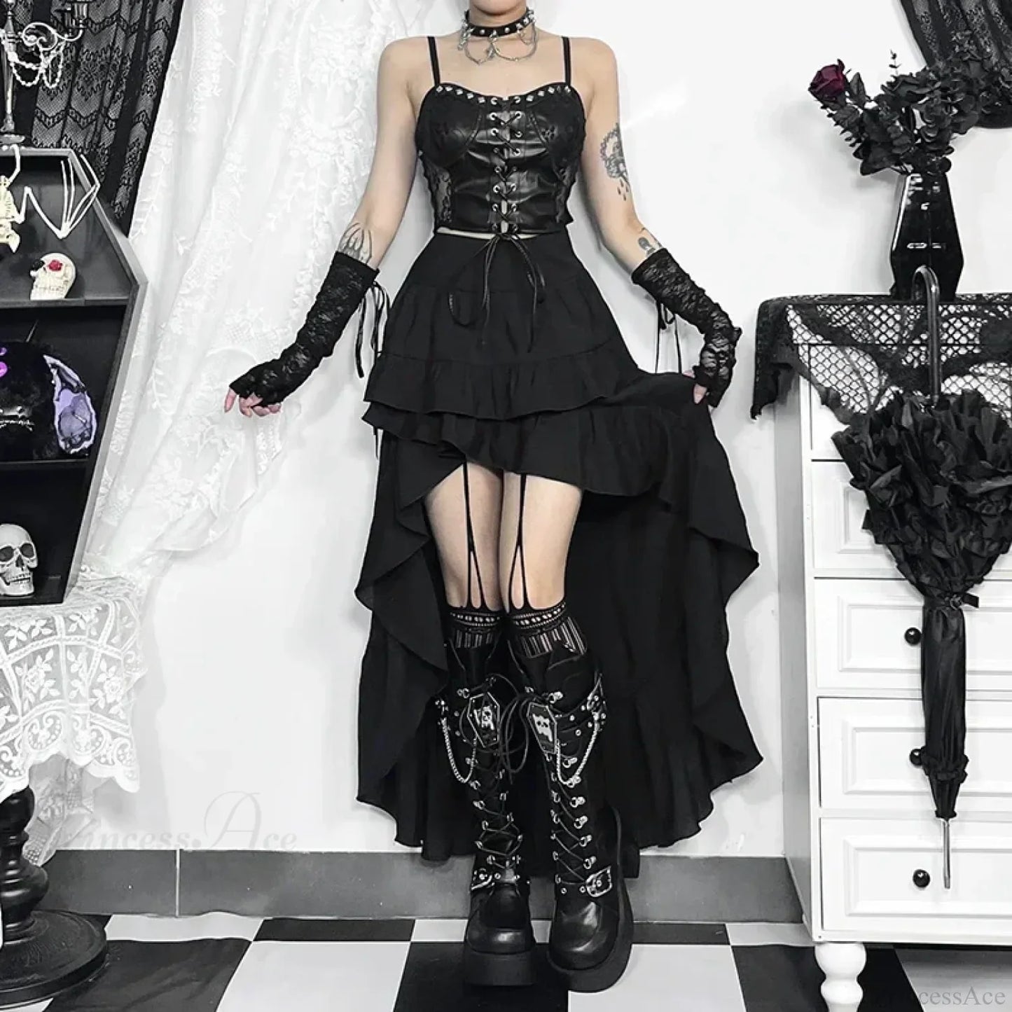 Steampunk Ruffle High Low Skirt
