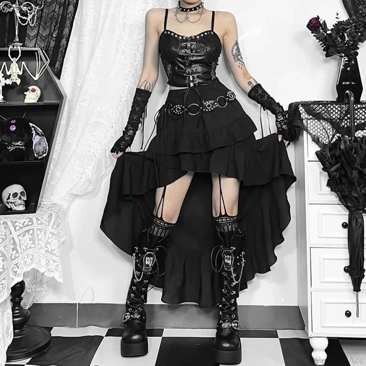 Steampunk Ruffle High Low Skirt