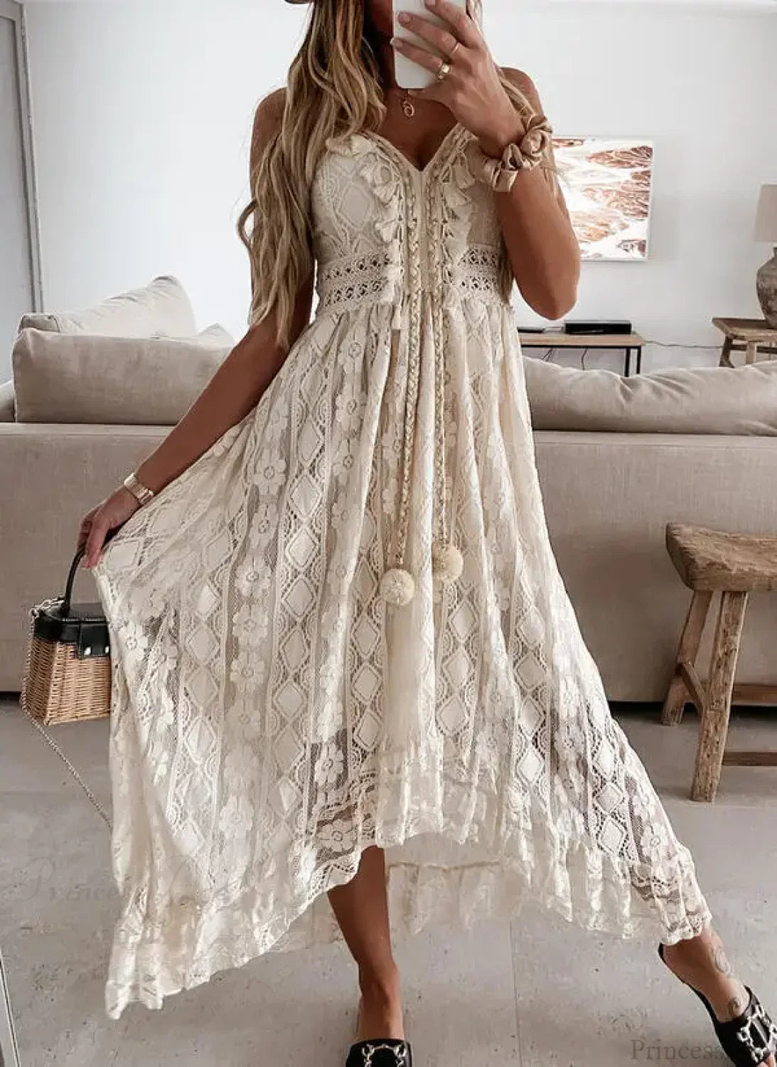 Strap Sleeveless Deep V-neck Tassel Lace Maxi White Boho Dress