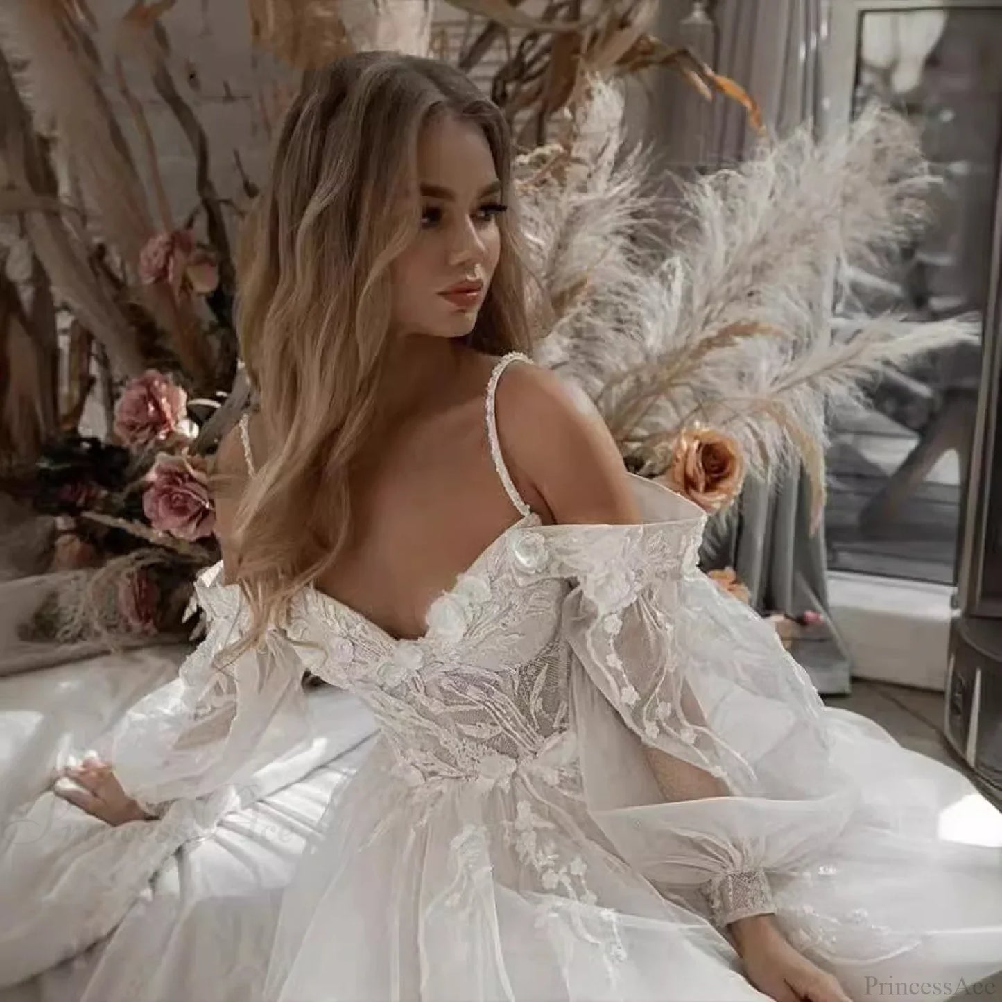 Strapless Lace Long Train Wedding Dress