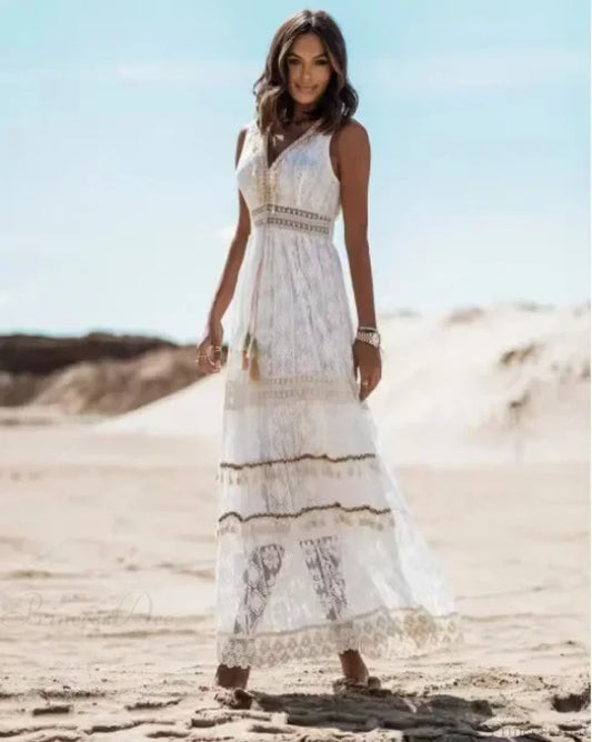 Strapless Lace Up Tassel Splicing Summer Maxi Boho Dress