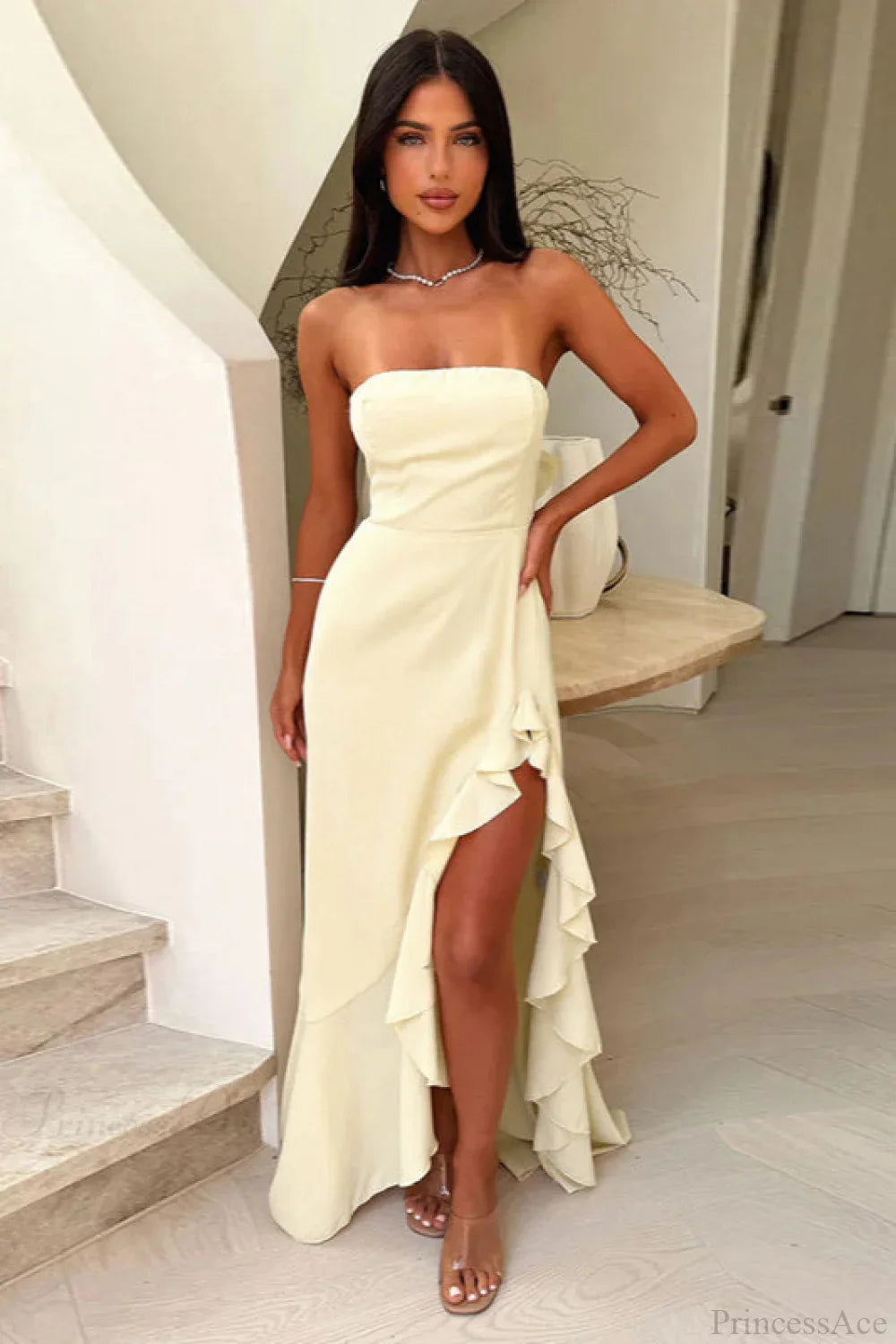 Strapless Ruffled Split Maxi Dress