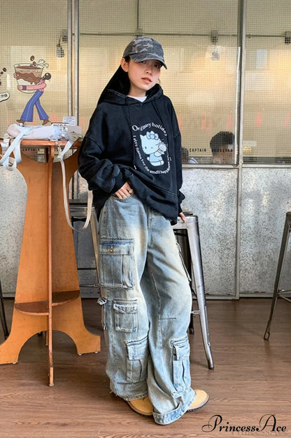 Street Denim Patchwork Pocket Cargo Pants