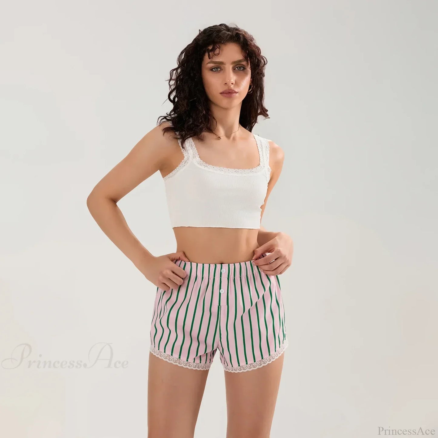 Striped Button Lace Trim Short