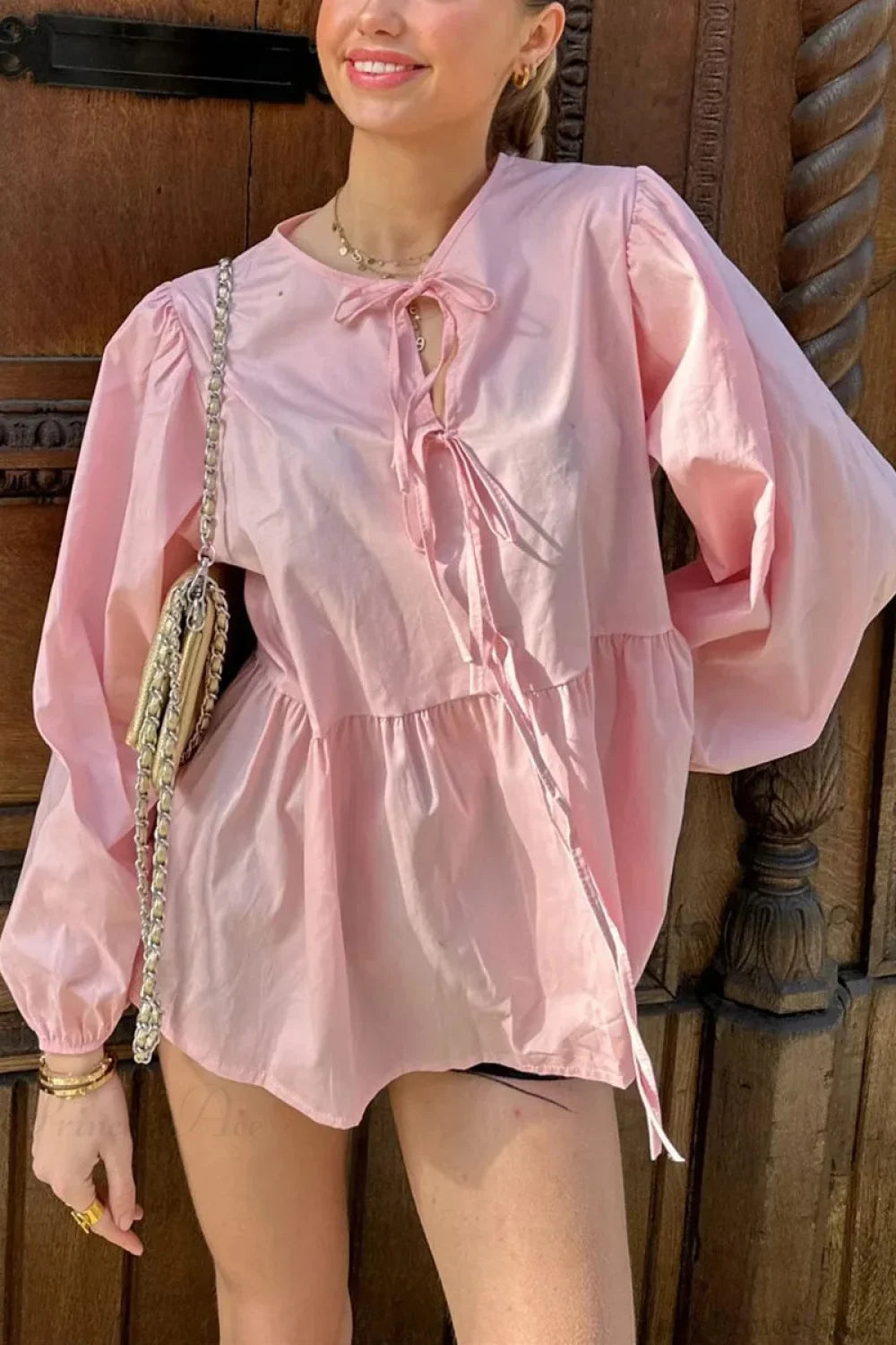 Striped Loose Fit Lace-Up Round Neck Blouse