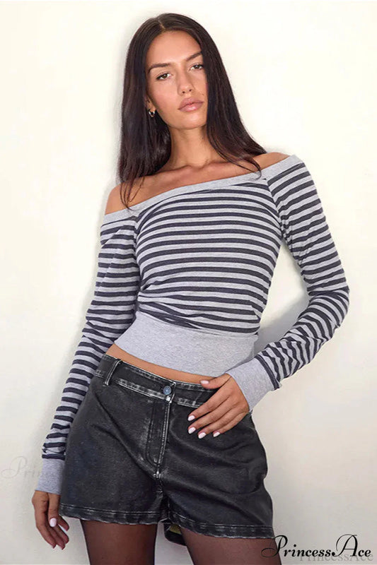 Striped Paneled Asymmetrical Neck Off Shoulder Short Long Sleeve Tee