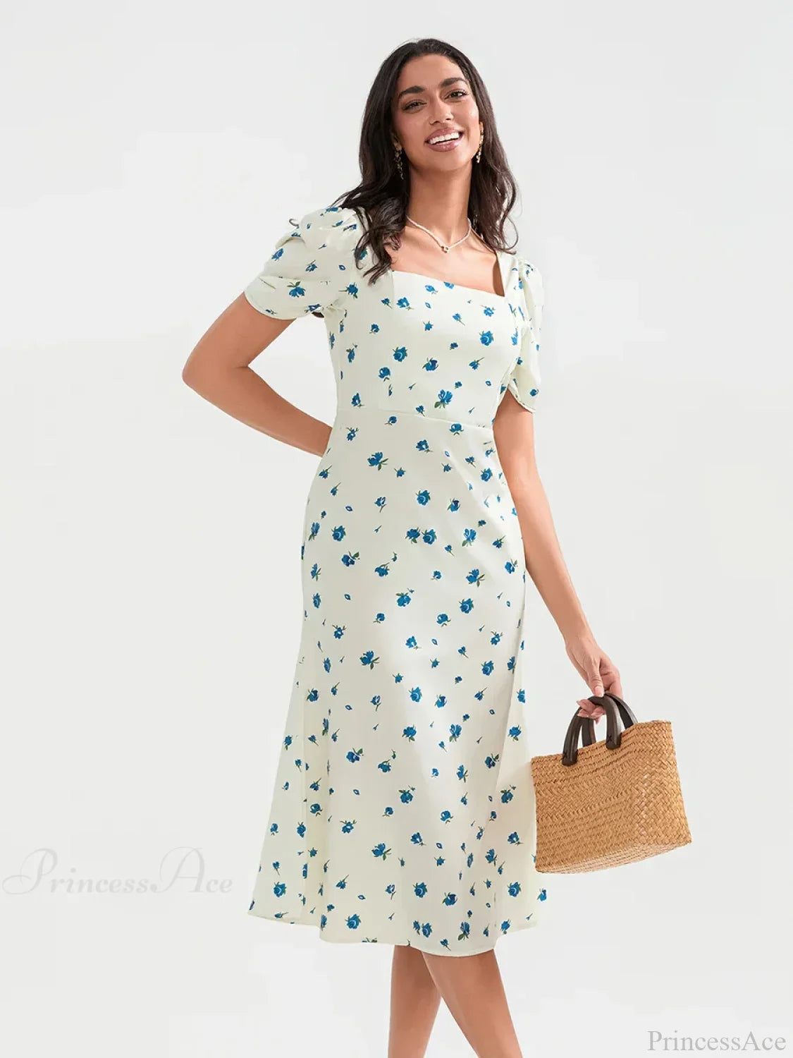 Summer Floral Midi Puff Sleeve A-Line Floral Dress