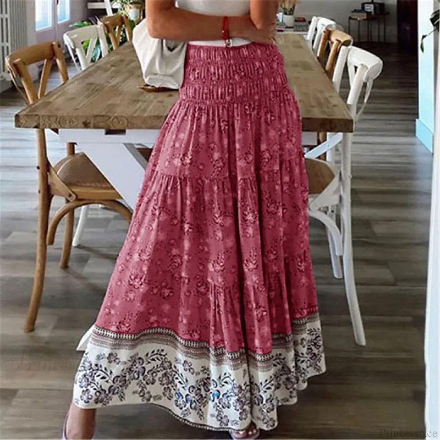 Summer New Women's Printing Skirt Elastic High Waist Pleated Boho