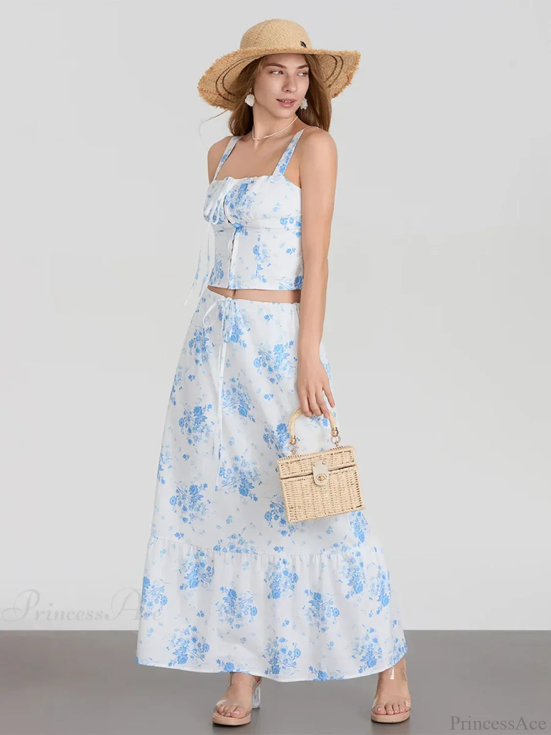 Suspender Crop Tank Top Drawstring A-line Skirt Floral Dress
