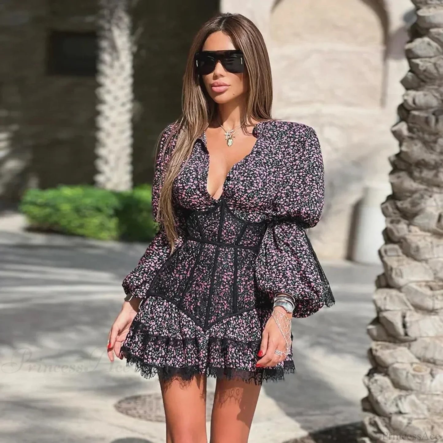 Sweet Small Fresh Print Waist Short Lace Floral Dress