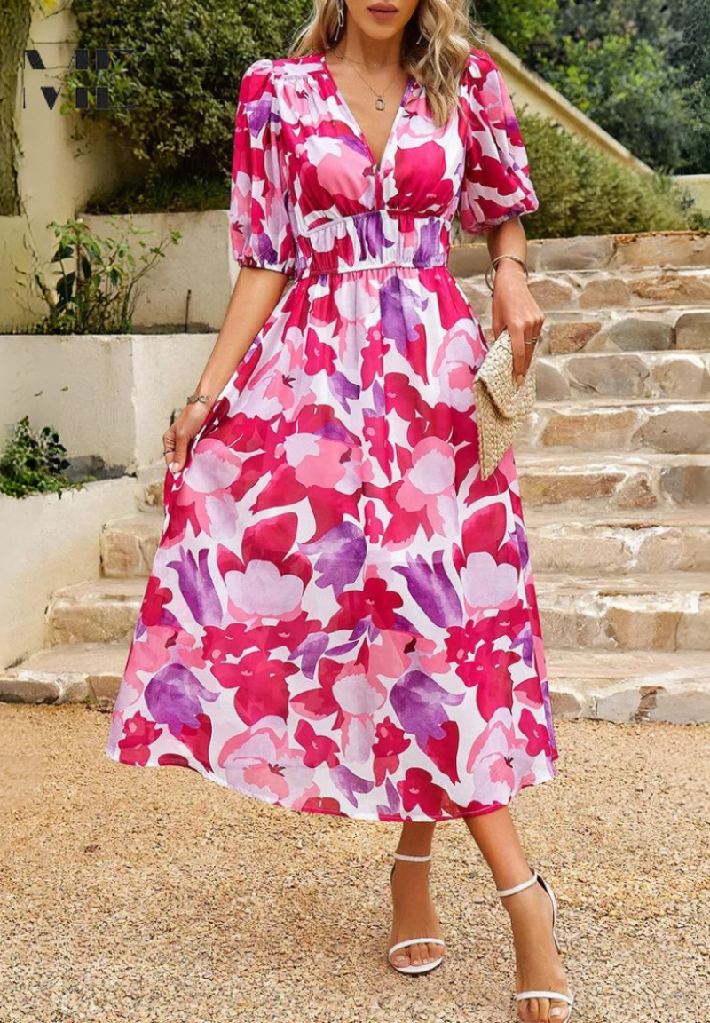 Theresa | Women's V-Neck A-Line Midi Dress