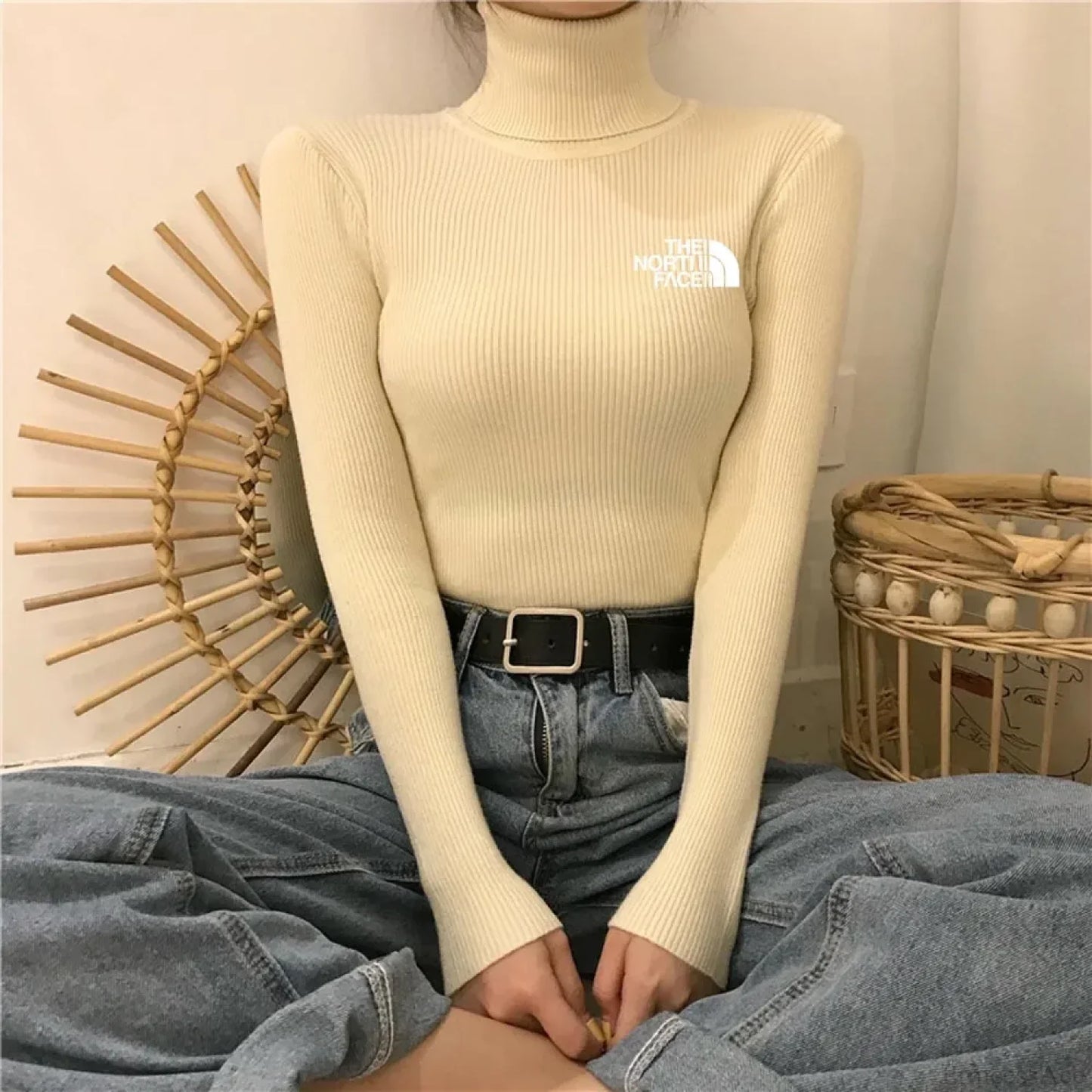 Thick Ribbed Sweater Cotton Turtleneck Knit Pullover Top