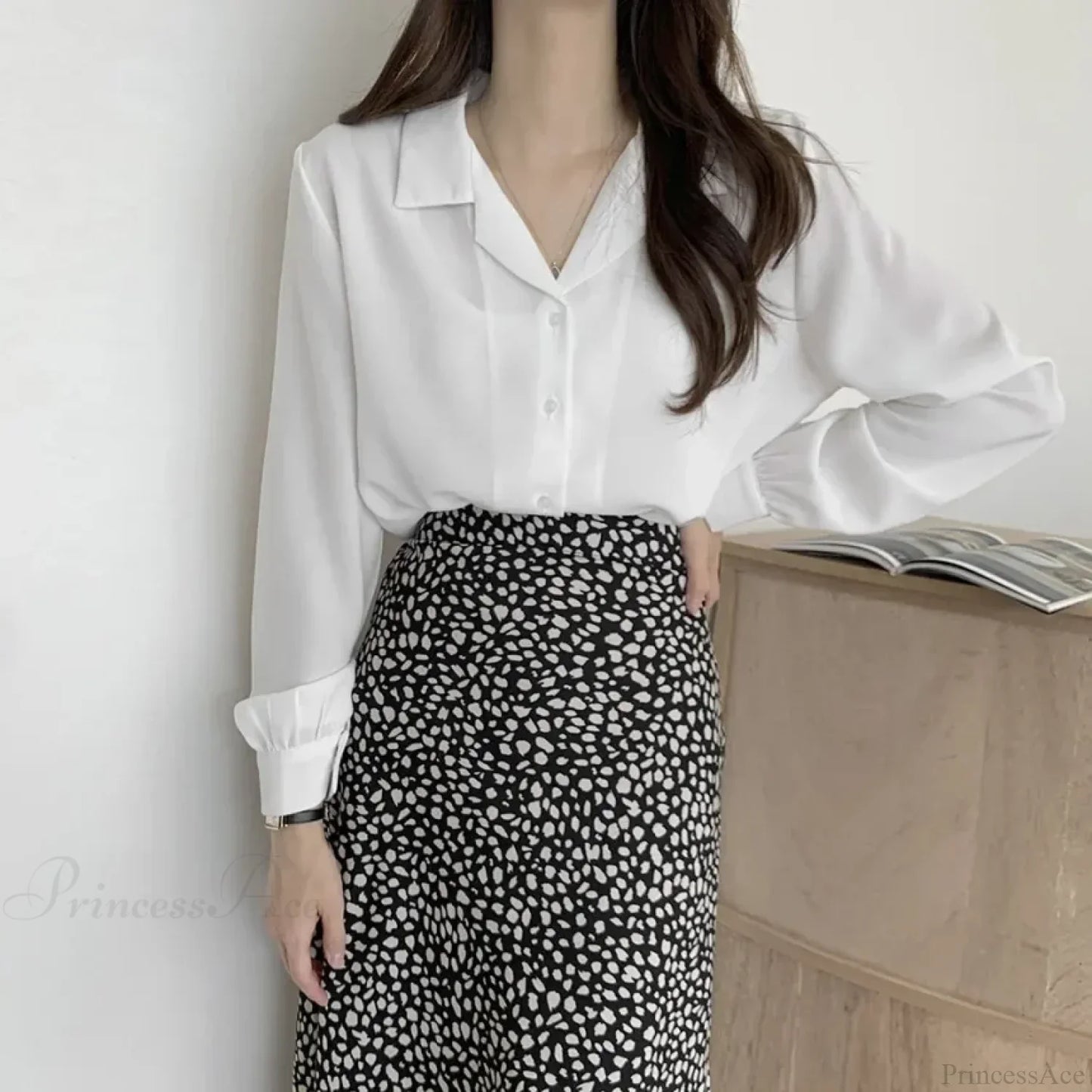 Thin Solid Color Long Sleeve Turn Down Collar Blouse