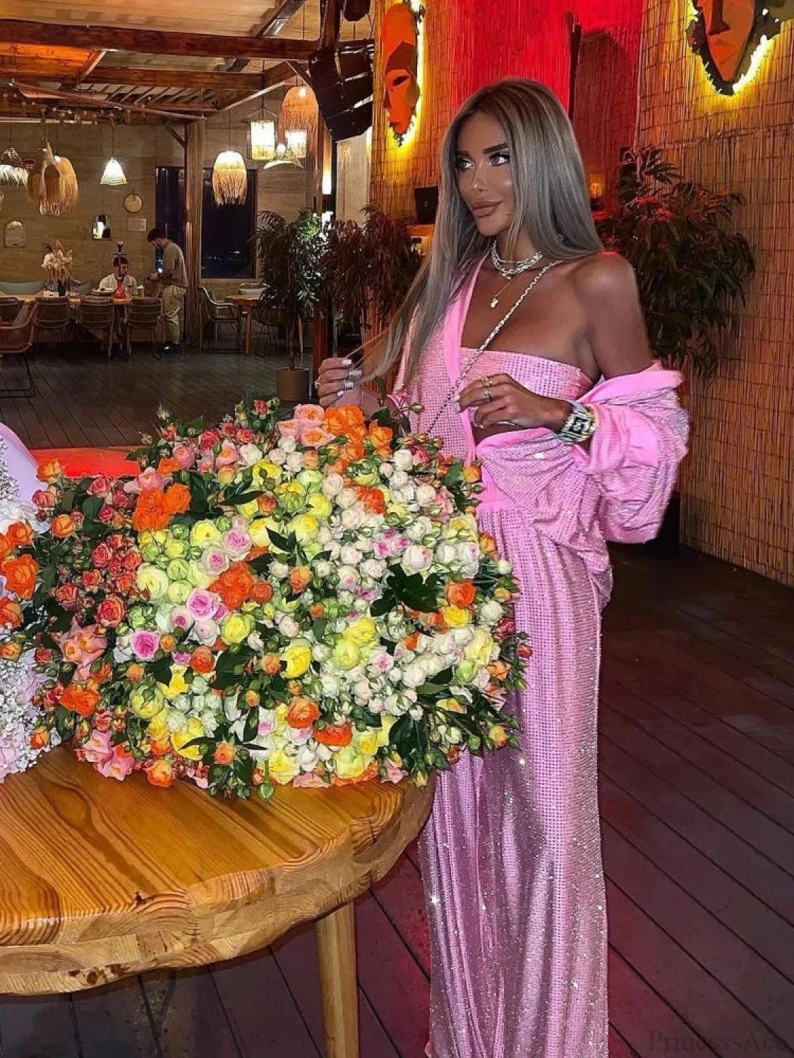 Three Piece Pants Set Sexy Sparkle Diamonds Long Sleeve Pink Party Dress