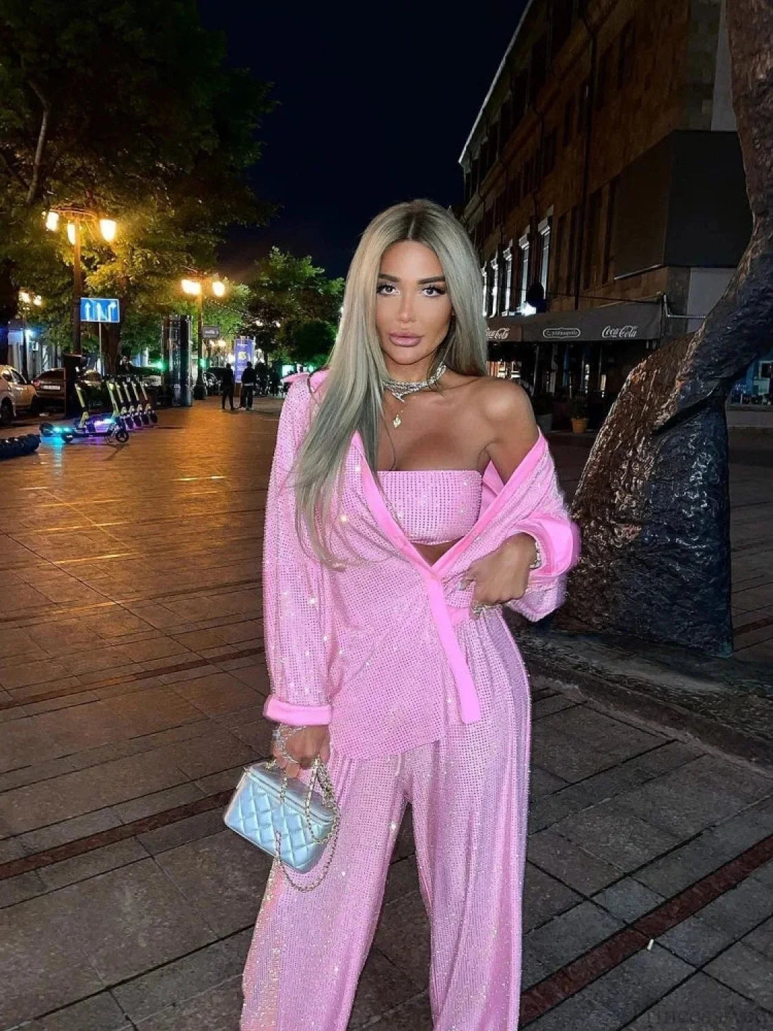Three Piece Pants Set Sexy Sparkle Diamonds Long Sleeve Pink Party Dress
