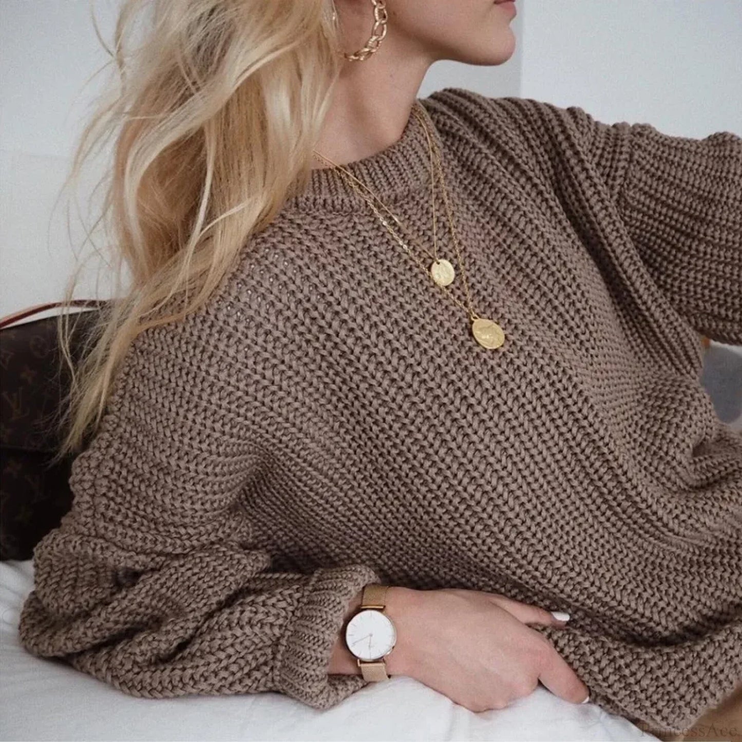 Three - Quarter Sleeve Elegant Khaki Sweater
