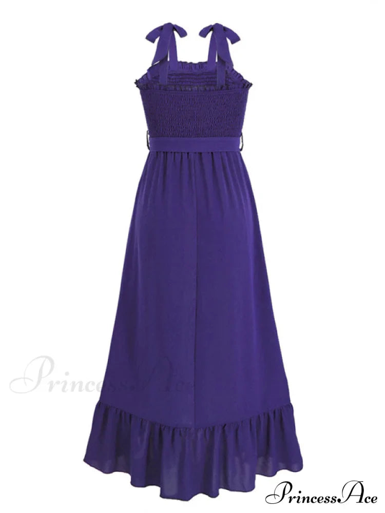 Tie Smock Solid Color Shoulder Slit Ruffle Midi for Gown Women