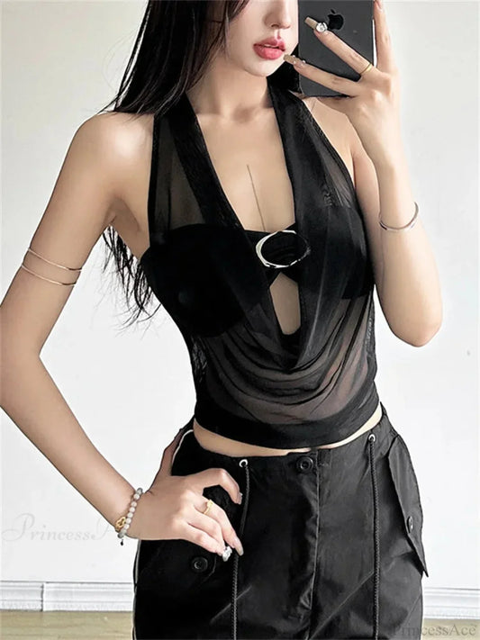 Transparent Mesh Halter Crop Top